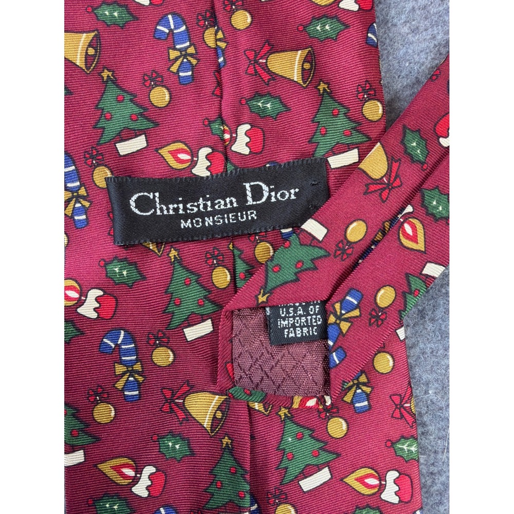 Christian Dior Monsieur Necktie Mens Burgundy Christmas Tree Candy Cane Silk - Picture 3 of 5
